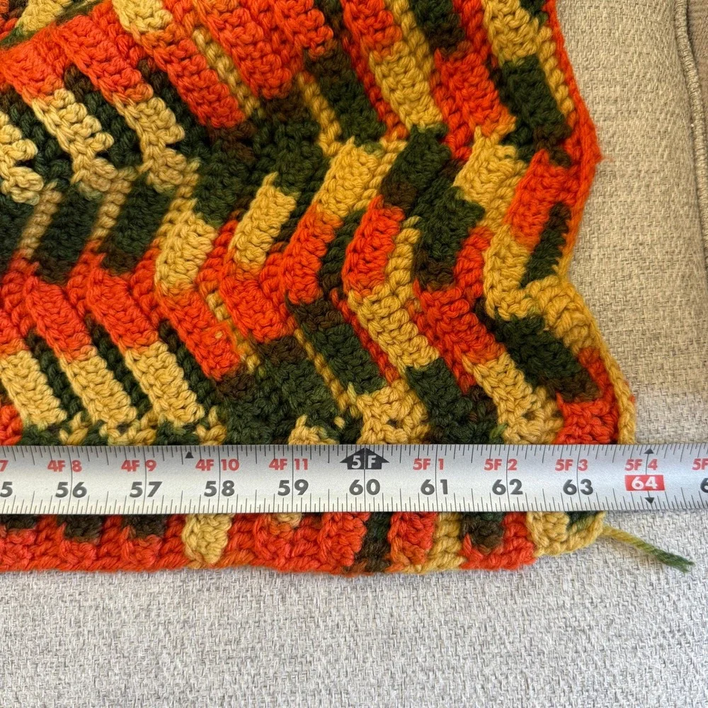 Handmade Crochet Afghan Throw Blanket Chevron‎ Ripple Green Orange Gold Vintage
